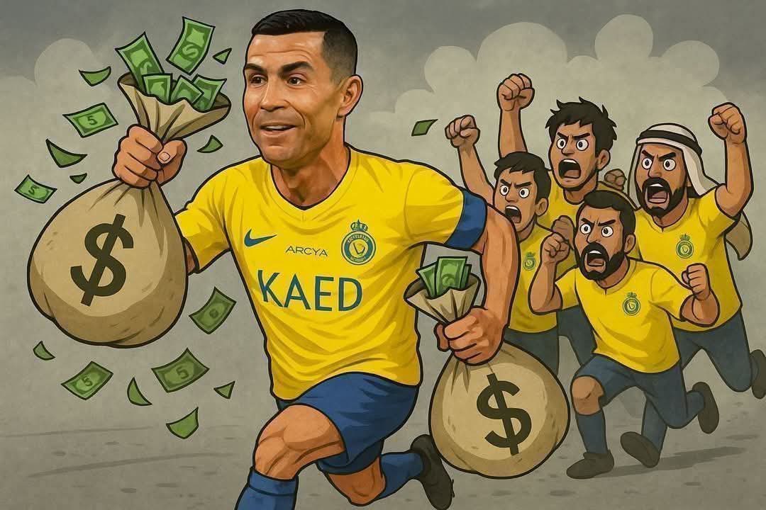 华体会官方网-【一图流】曝C罗即将离开利雅得胜利，球迷绘制携款离开漫画